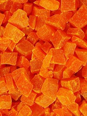 A close up image of a pile of Papaya Diced 1 lb. cubes.