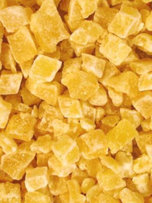 A close up image of a pile of Pineapple Diced 1 lb cubes.