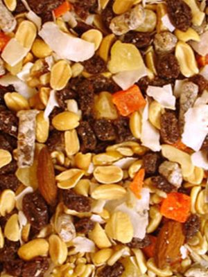 A close up of Tropical Trail Mix 1 lb, a mixture of nuts and seeds.