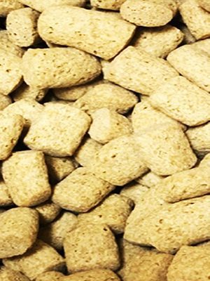 A pile of dry dog food pieces.