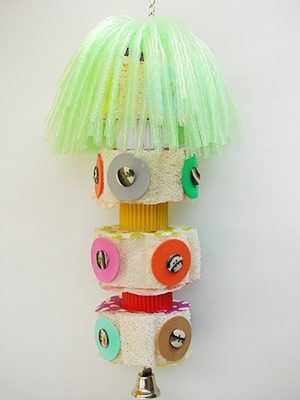 A colorful Luffa Buttons toy with buttons hanging from it.