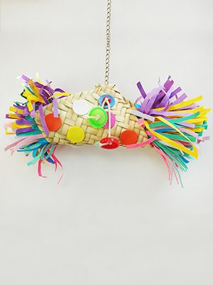 A colorful Paper Taco toy hanging from a chain.