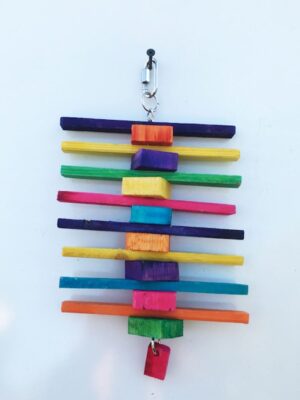 A colorful wooden bird toy hanging from a chain.