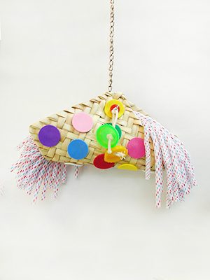A Straw Taco hanging from a chain.