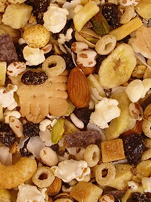 A close up of Mom's Healthy Snack Mix Omar's 1 lb., a mix of nuts and dried fruit.